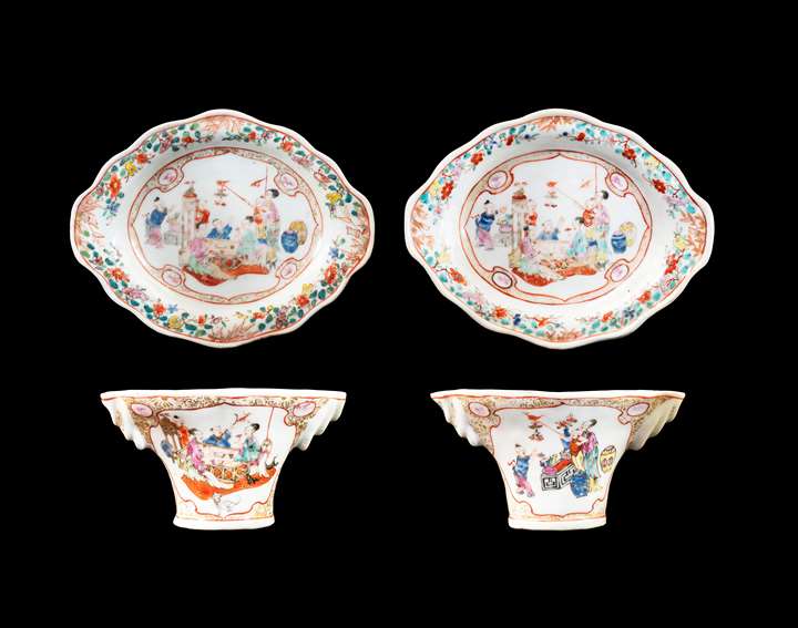 GG: Pair of Chinese export porcelain famille rose libation cups and stands